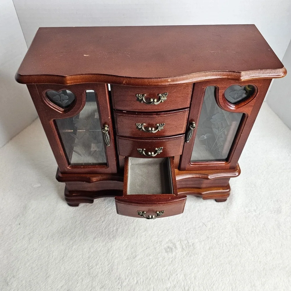 Wood Jewelry Box Chest w/ Mirror, Velvet Lined, Ring Holder, Heart, Brown